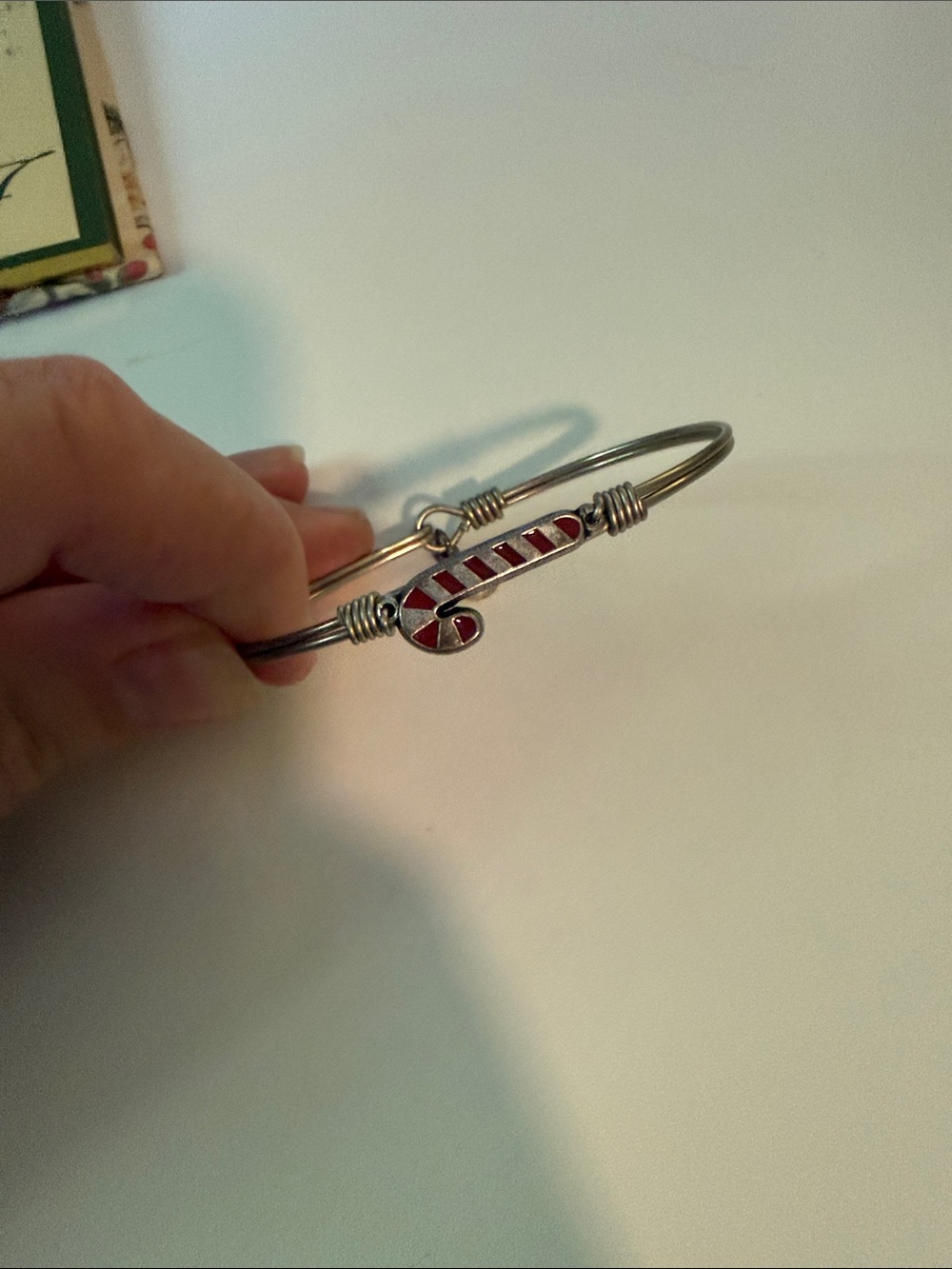Silver-Tone Candy Cane Bangle Bracelet - Red Accent